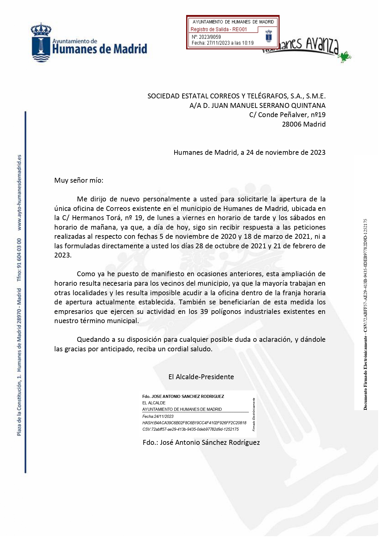 El alcalde de Humanes de Madrid solicita, por quinta vez, la apertura de la oficina de Correos de lunes a viernes por la tarde y los sábados por la mañana